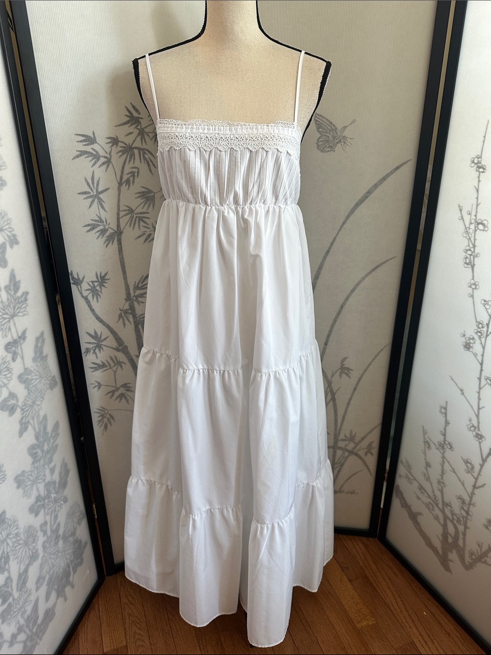 Zara White Tiered Maxi Dress with Lace Trim